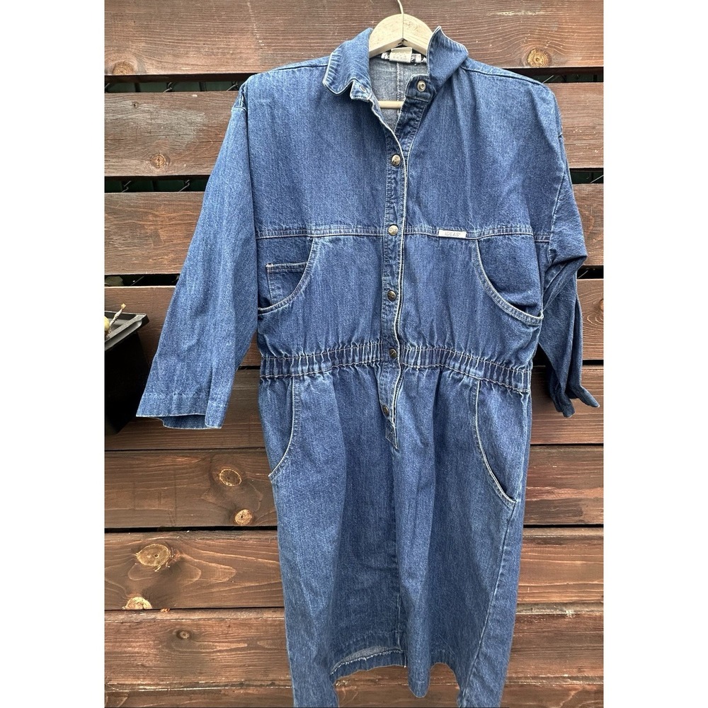 *VTG Ideas Denim Dress Womens Medium Blue w/ Pockets Long-sleeved Collar Buttons